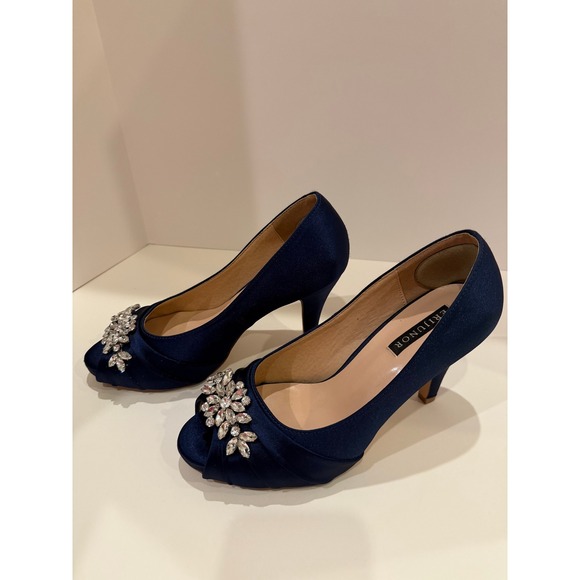 erijunor Womens Navy Blue Embellished Peep Toe Heels Size Unknown - Picture 4 of 8